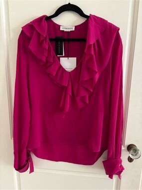 Victoria Beckham Fuchsia Ruffle V-Neck Long Sleeve Blouse